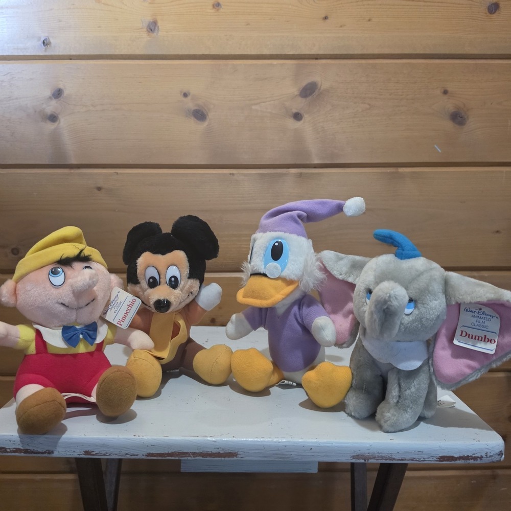 Lot of 4 Vintage Disney 8" 80s Plush Pinocchio Dumbo Mickey Scrooge F52